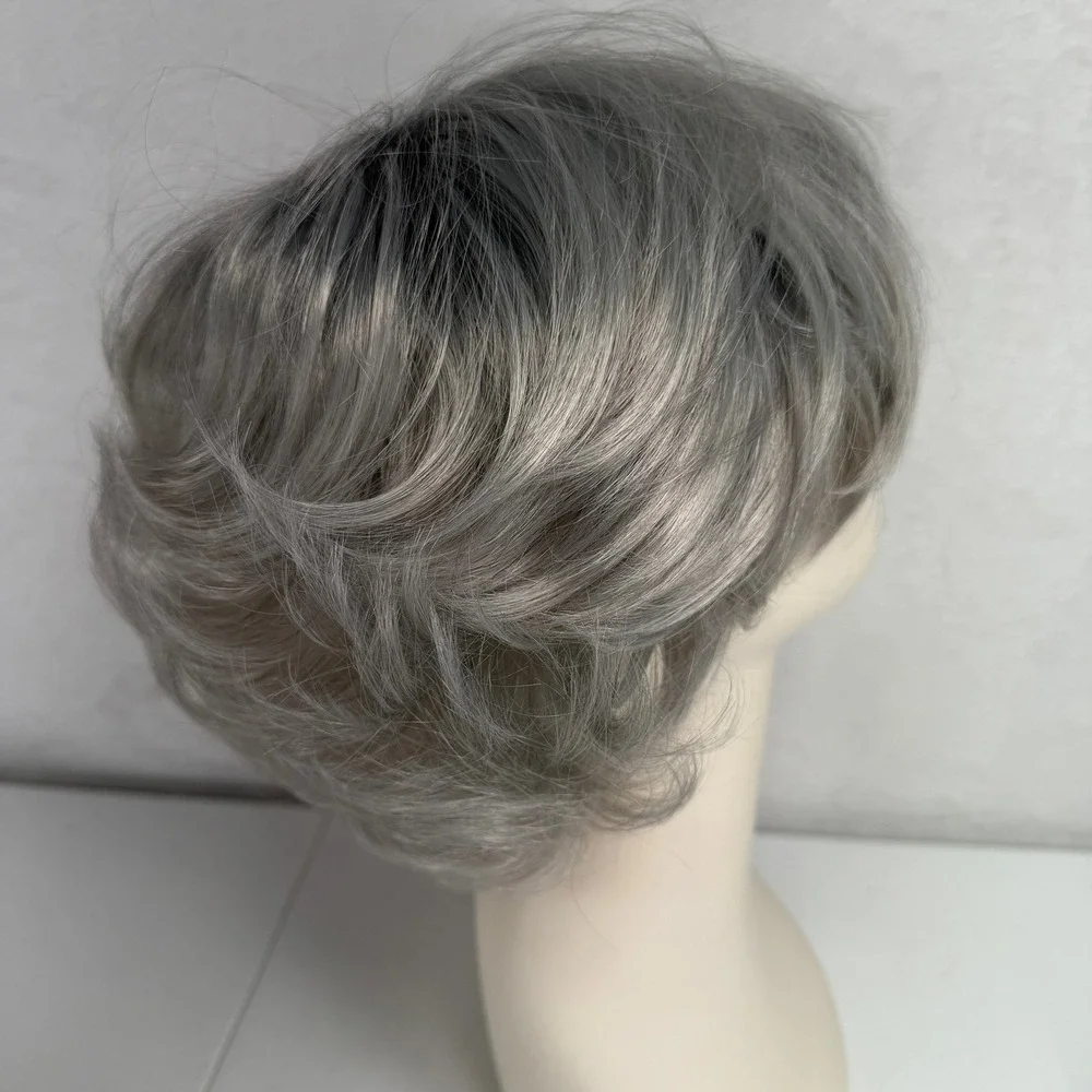 Short Wavy Wig Silver Grey Ombre Layered Synthetic Sophisticated Classy Comfort